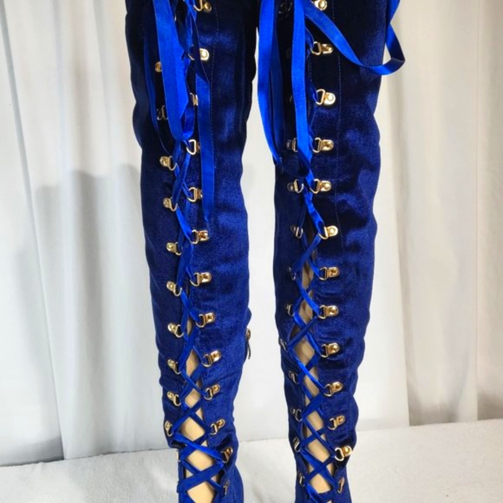 * Cape Robbin Navy Blue Satin Lace Up High Heel Thigh Boots - Picture 5 of 11
